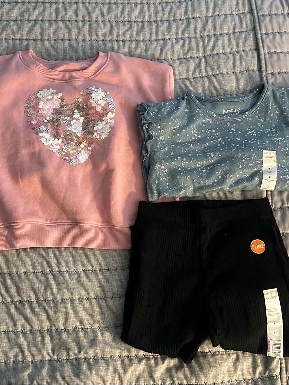 Girls set: Pink Sequin Heart Sweatshirt + Star Tee & Black Ribbed Shorts Set